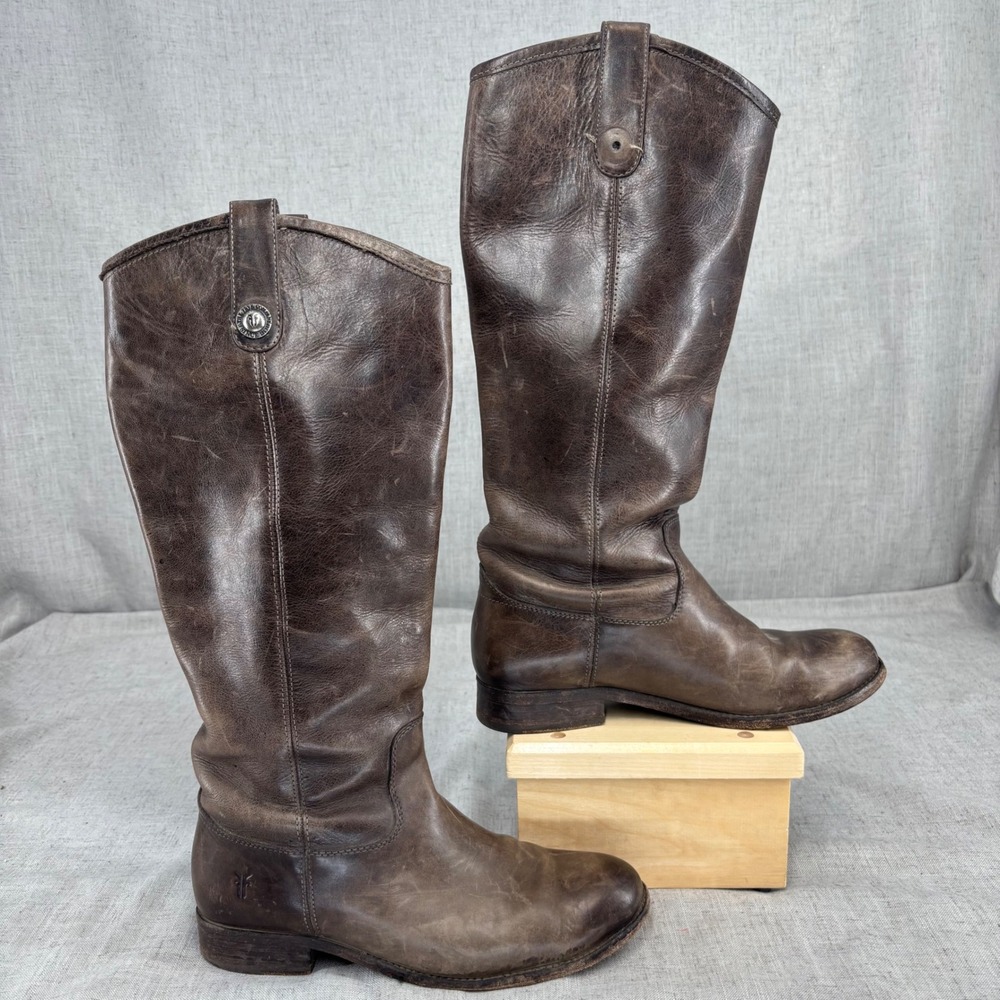 Frye Melissa Button‎ Riding Boots Grey Taupe Leather Tall Pull On Women's 7.5